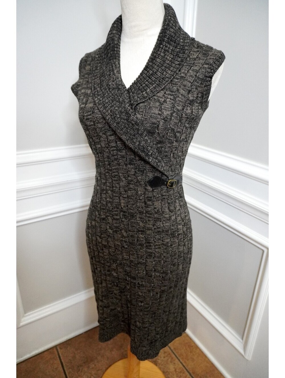 Calvin Klein Sleeveless Cable Knit Sweater Dress with Shawl Collar, Size M